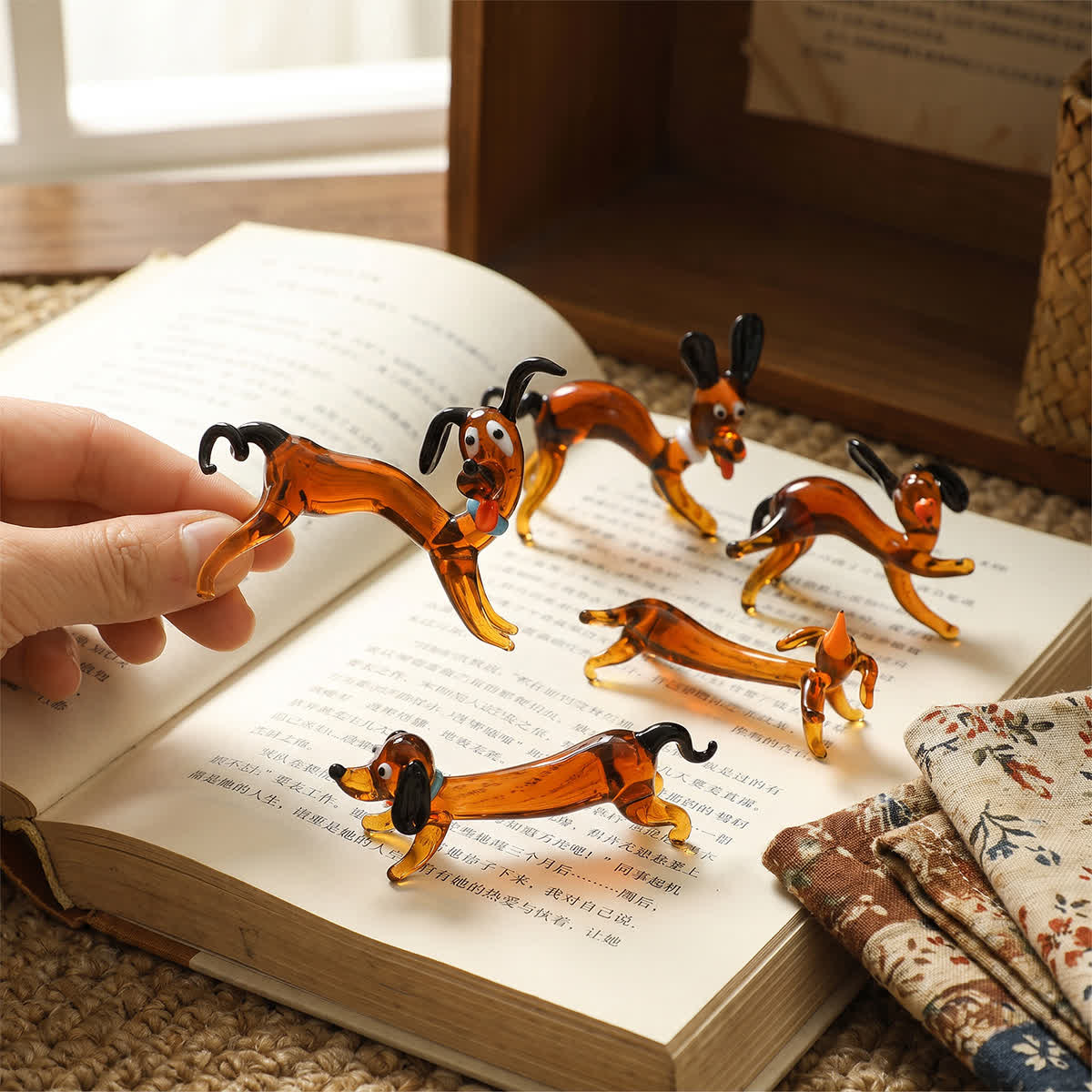 Coffee Dachshund Pups Sculpture - Funny Handmade Glass Dog Figurines Collection - image 1