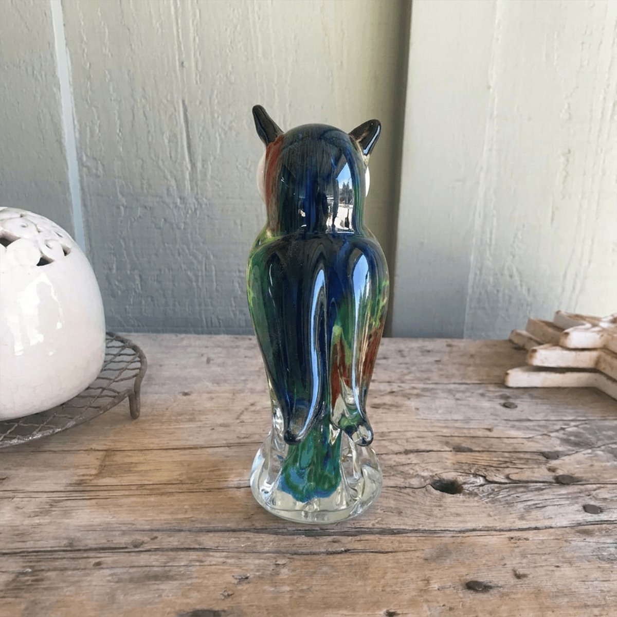 Colorful Speckled Glass Owl Figurine - Yellow & Green Handblown Art Glass Owl Ornament  - image 4