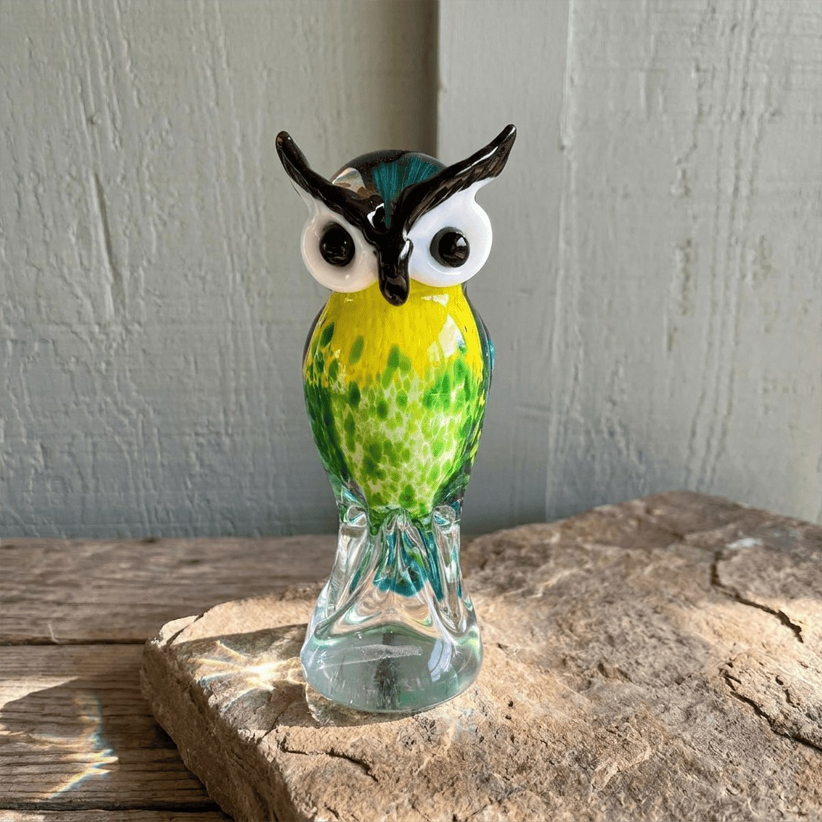 Colorful Speckled Glass Owl Figurine - Yellow & Green Handblown Art Glass Owl Ornament  - Owl - image 0