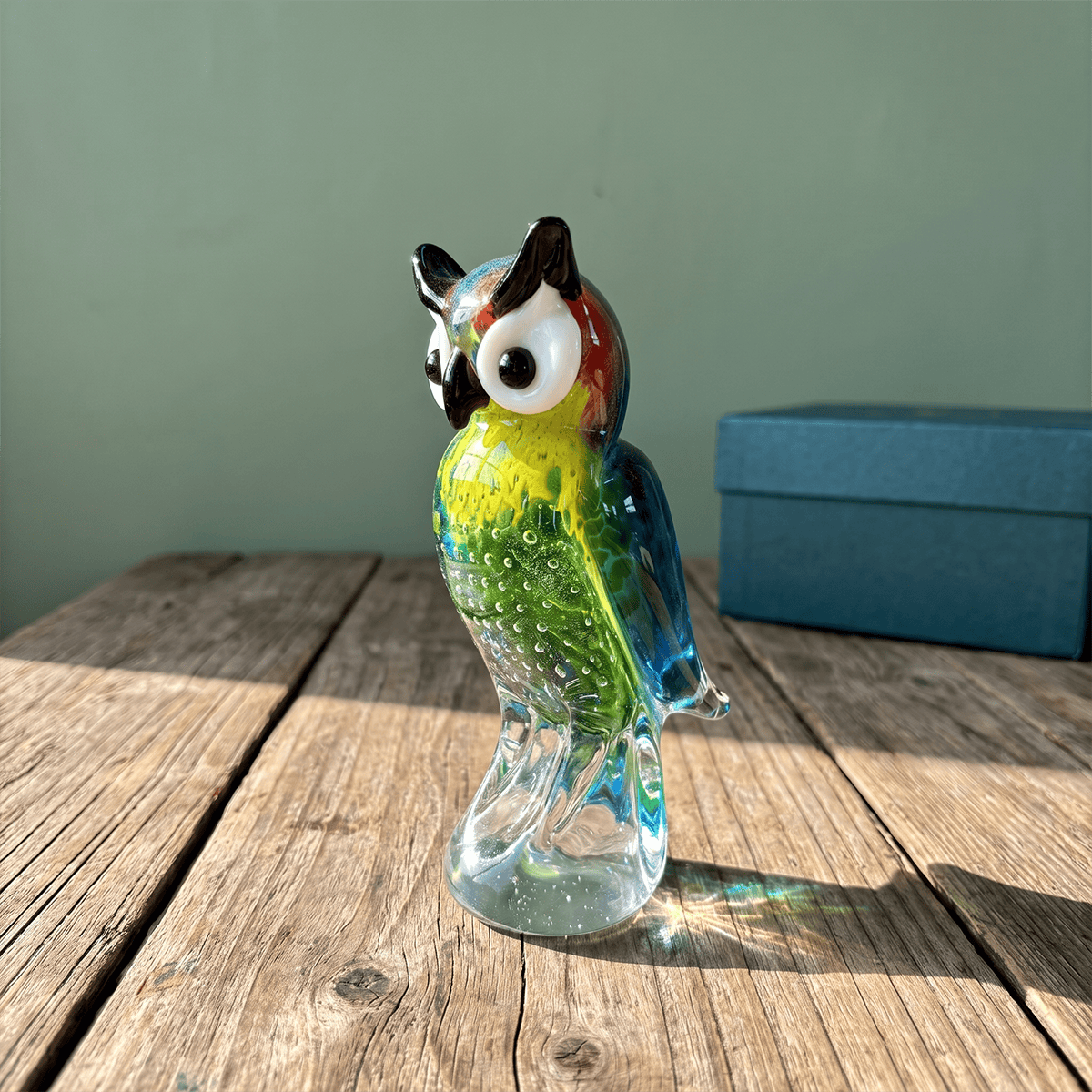 Colorful Speckled Glass Owl Figurine - Yellow & Green Handblown Art Glass Owl Ornament  - image 2