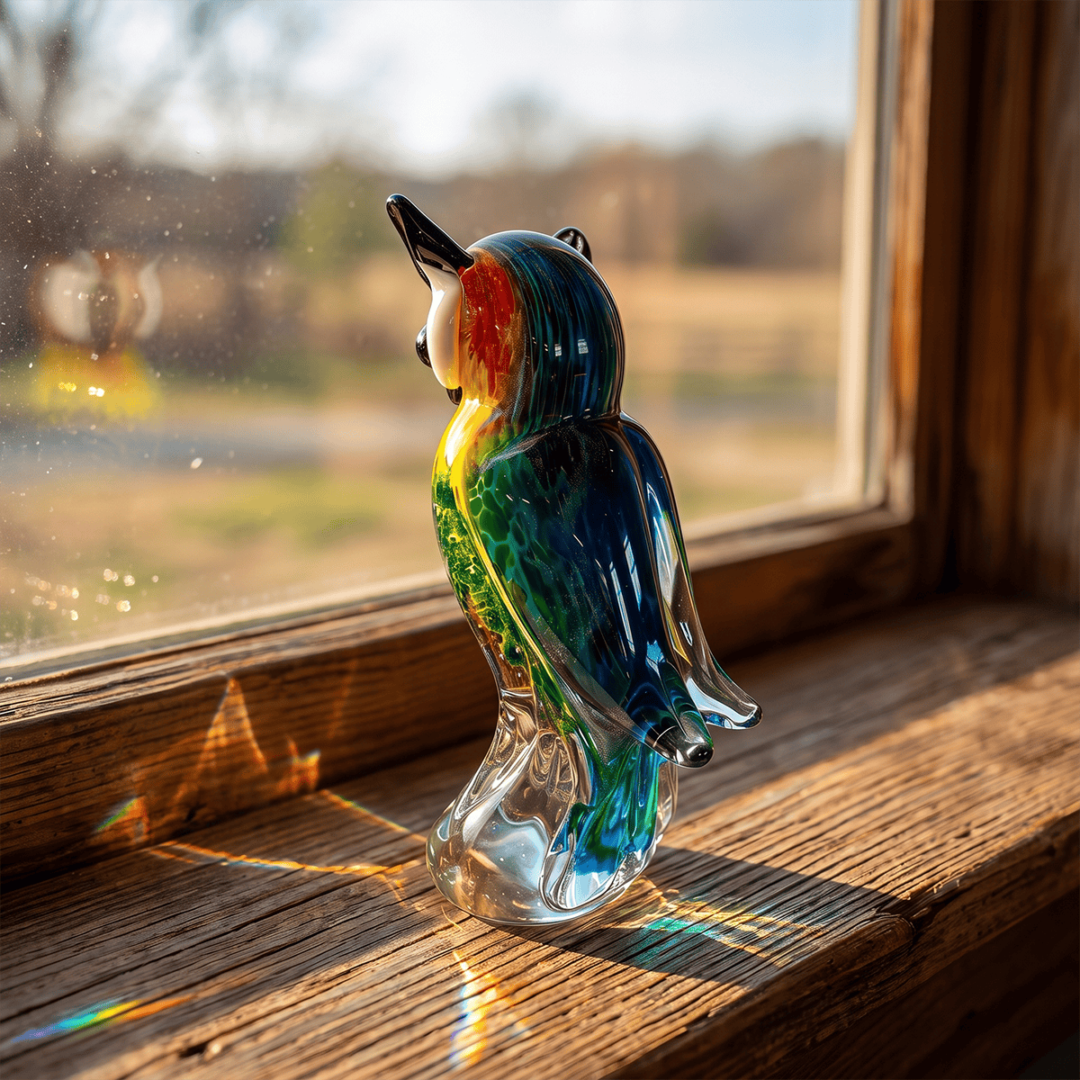 Colorful Speckled Glass Owl Figurine - Yellow & Green Handblown Art Glass Owl Ornament  - image 1