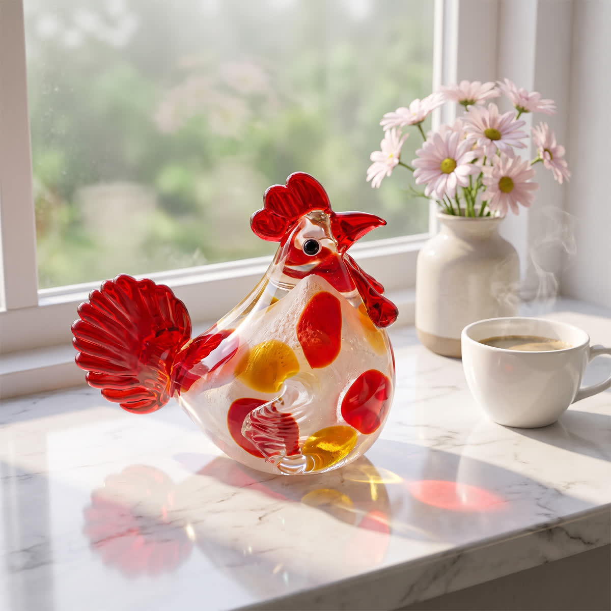 Morning Glory Glass Hen Figurine - Handblown Glass Chicken Figurine That Brings Good Fortune - Chicken - image 0