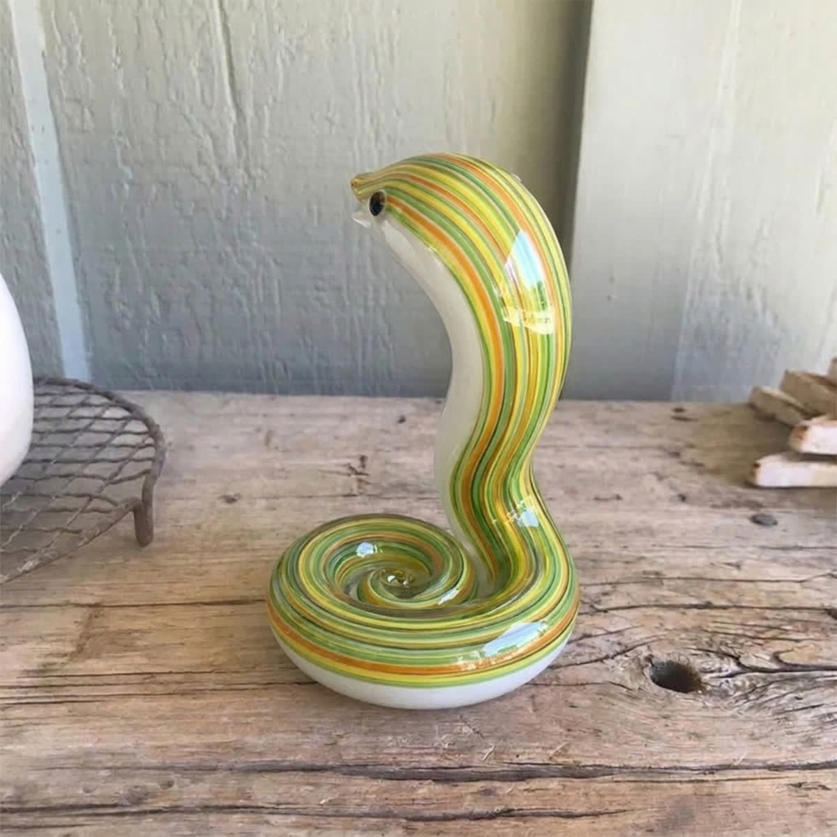 Green & Yellow Swirl Snake Figurine - Cute Hand Blown Snake Decor for Desk & Shelf - image 1