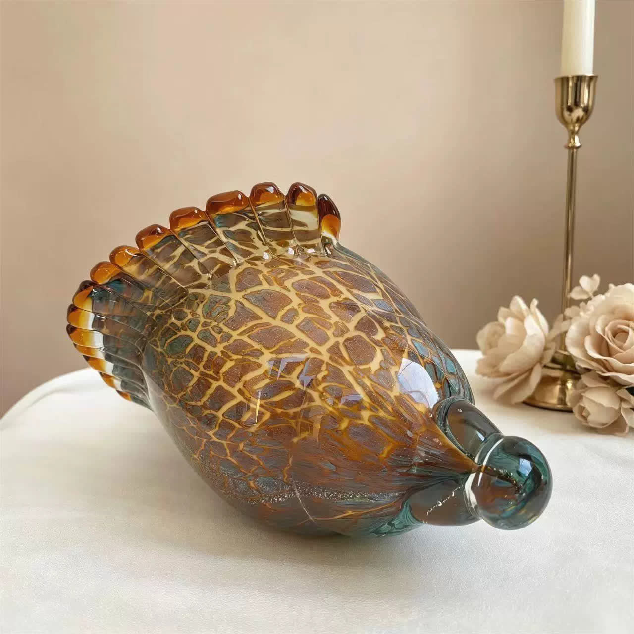 Large Amber & Teal Conch Decor - Hand-Blown Glass Conch Shell Sculpture - image 5