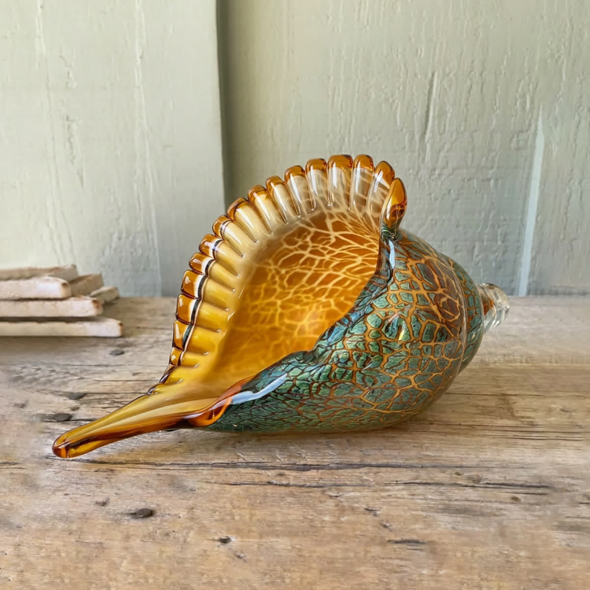 Large Amber & Teal Conch Decor - Hand-Blown Glass Conch Shell Sculpture - Conch - image 0