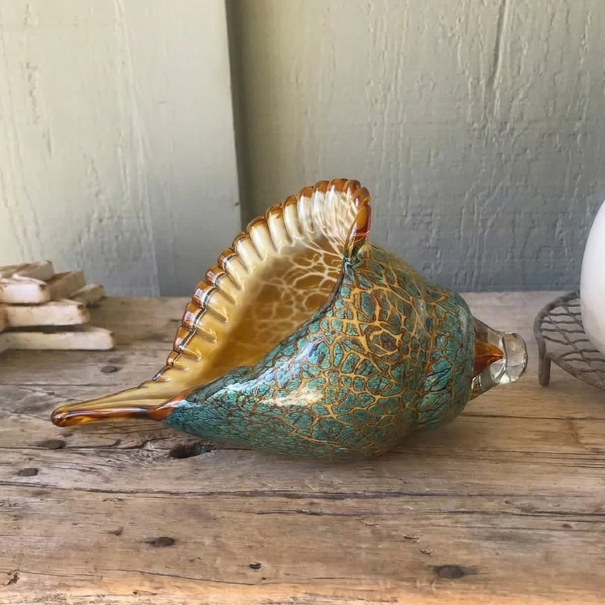 Large Amber & Teal Conch Decor - Hand-Blown Glass Conch Shell Sculpture - image 4