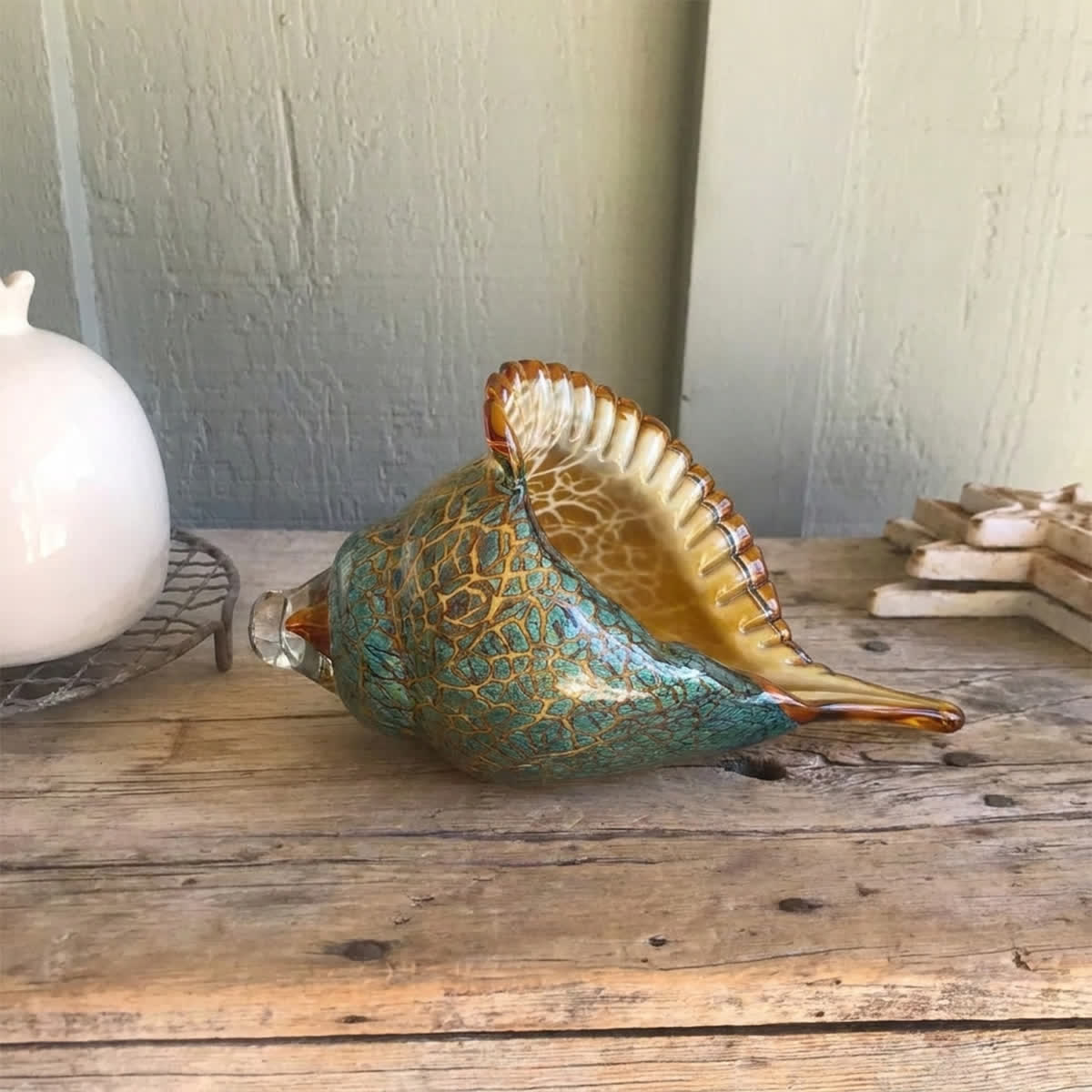 Large Amber & Teal Conch Decor - Hand-Blown Glass Conch Shell Sculpture - image 3