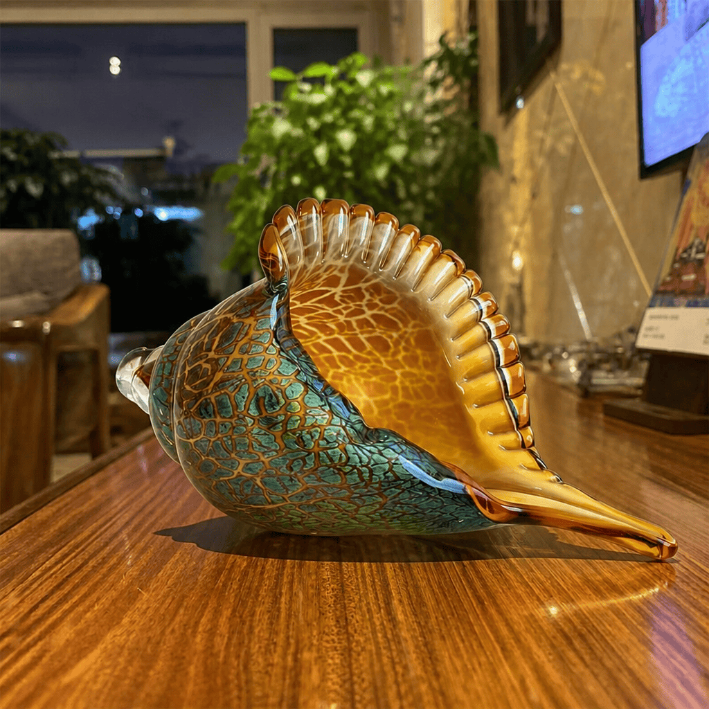 Large Amber & Teal Conch Decor - Hand-Blown Glass Conch Shell Sculpture - image 1