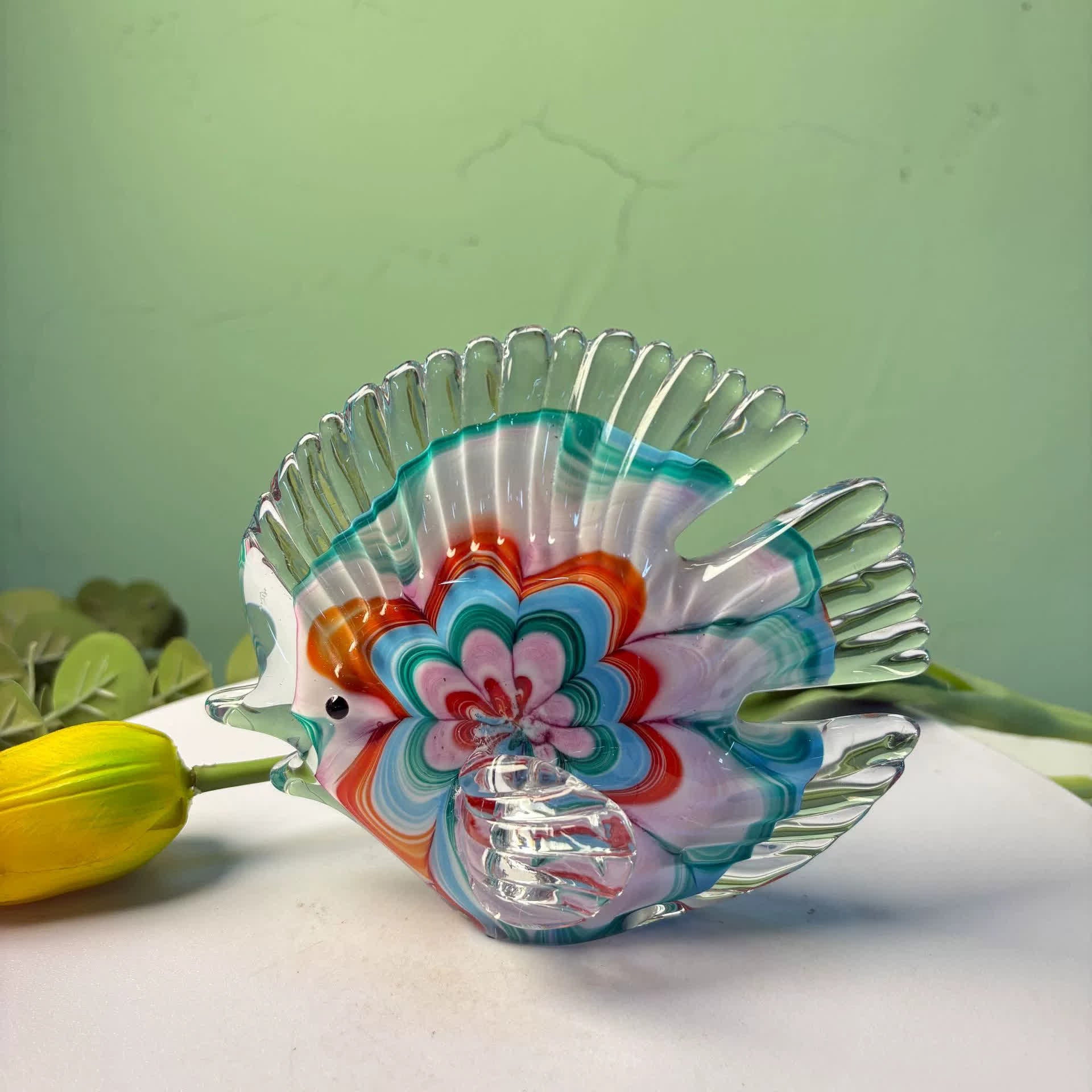 Rainbow Bloom Glass Fish Sculpture - Handblown Colorful Millefiori Art Glass Fish Decor - image 1