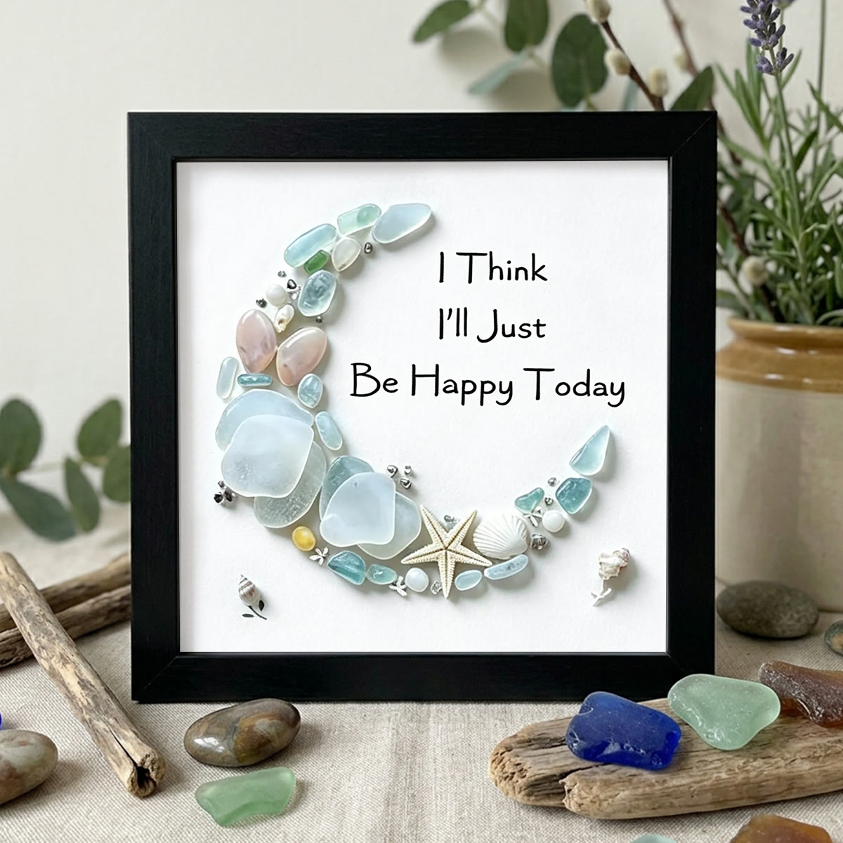 Just Be Happy Today Crescent Moon Sea Glass Framed Art - Black - 8" X 8" - image 8