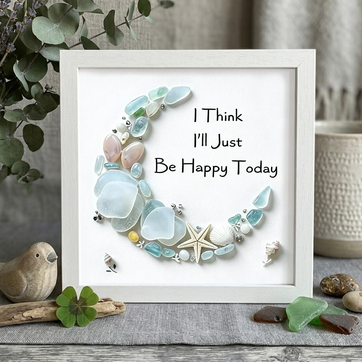 Just Be Happy Today Crescent Moon Sea Glass Framed Art - White - 8" X 8" - image 9
