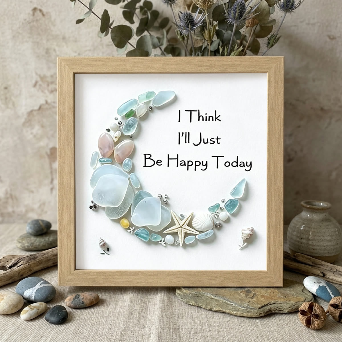 Just Be Happy Today Crescent Moon Sea Glass Framed Art - Oak - 8" X 8" - image 7