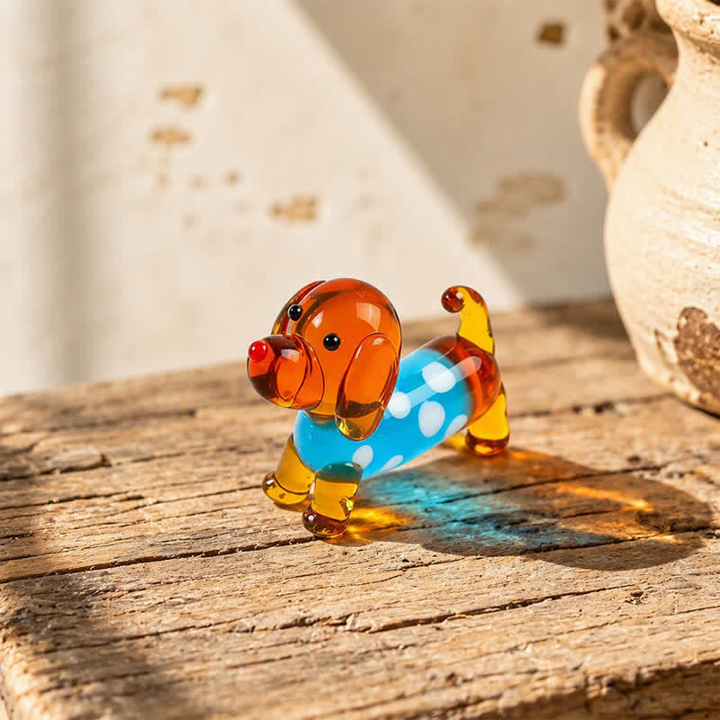Mini Long Dachshund Dog In Cozy Sweaters Collection - Hand Blown Glass Wiener Dog Statue - Light Blue Dots - image 6