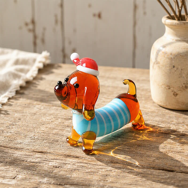 Mini Long Dachshund Dog In Cozy Sweaters Collection - Hand Blown Glass Wiener Dog Statue - Blue Striped - image 9