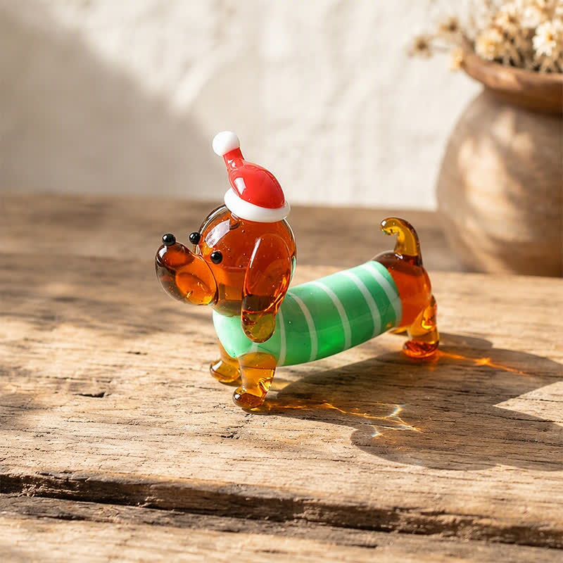 Mini Long Dachshund Dog In Cozy Sweaters Collection - Hand Blown Glass Wiener Dog Statue - Green Striped - image 8