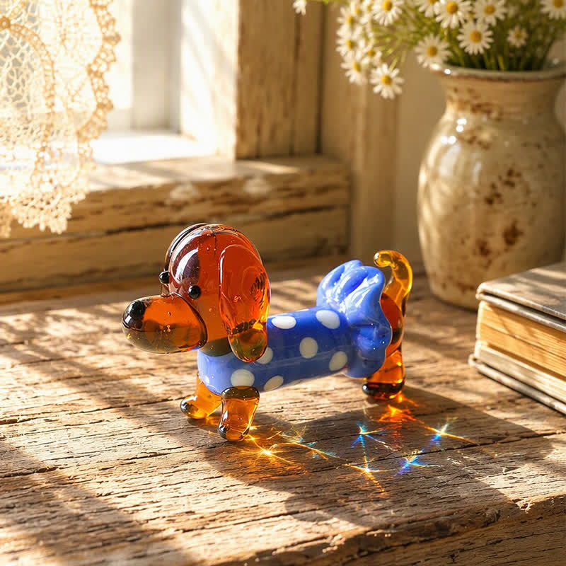 Mini Long Dachshund Dog In Cozy Sweaters Collection - Hand Blown Glass Wiener Dog Statue - Blue Dots - image 14