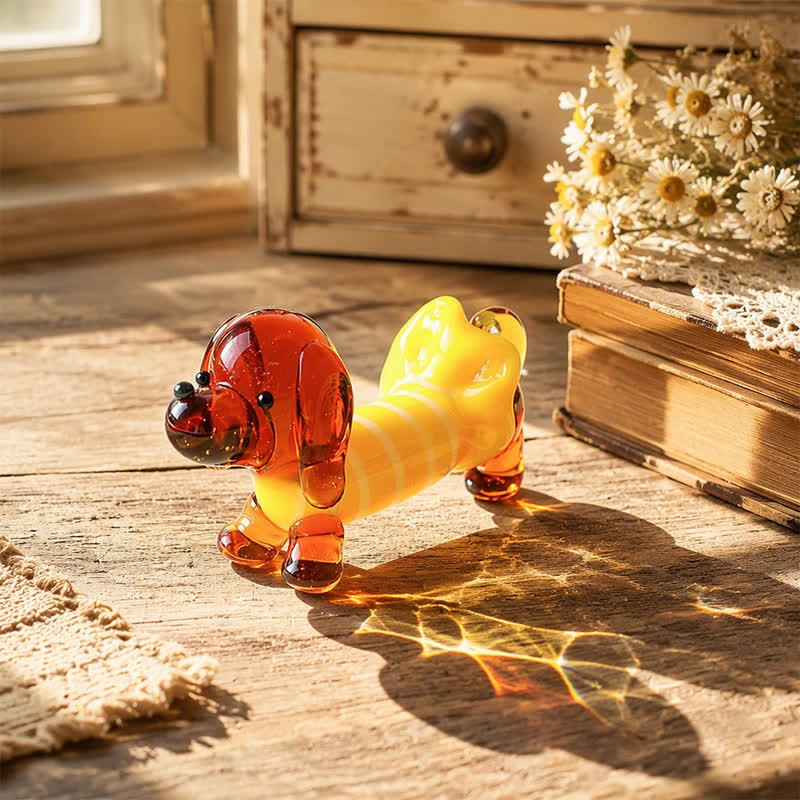 Mini Long Dachshund Dog In Cozy Sweaters Collection - Hand Blown Glass Wiener Dog Statue - Yellow Striped - image 13