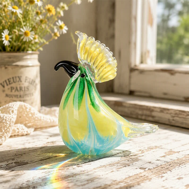Golden-Crested Cockatoo Collection - Handblown Rainbow Swirl Glass Parrot Sculpture - Yellow & Blue - image 4