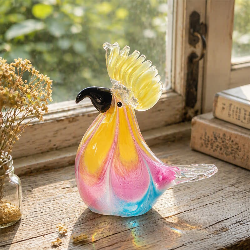 Golden-Crested Cockatoo Collection - Handblown Rainbow Swirl Glass Parrot Sculpture - Pink & Blue - image 0