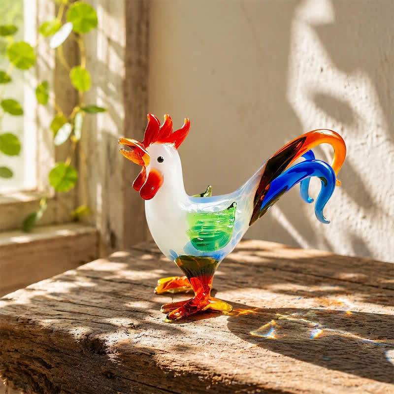 Morning Glory Colorful Rooster Statue - Handblown Glass Sculpture Farmhouse Table Ornament - Rooster - image 0