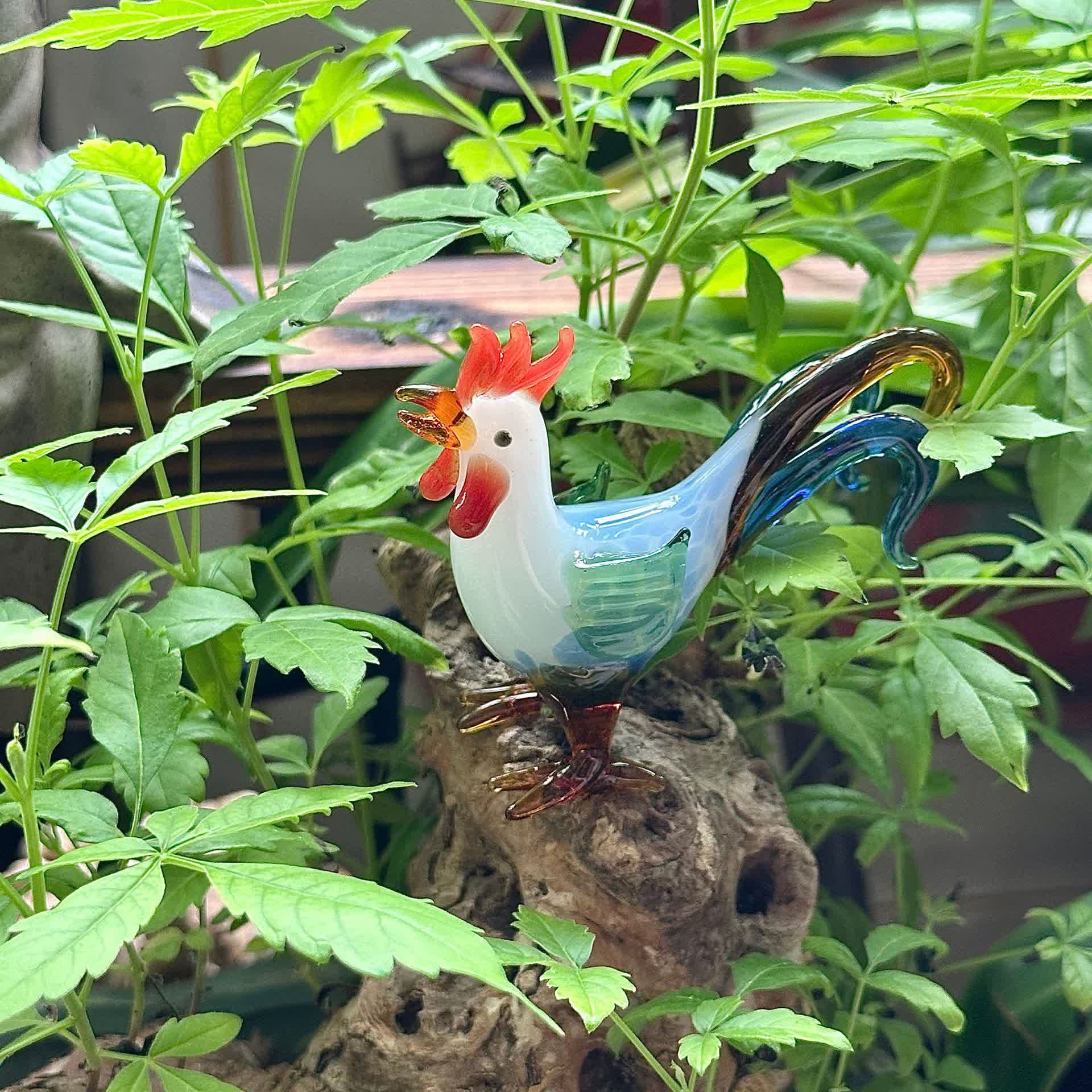 Morning Glory Colorful Rooster Statue - Handblown Glass Sculpture Farmhouse Table Ornament - image 1
