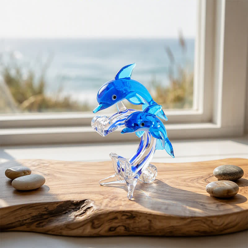 Love & Harmony Twin Souls Glass Sculpture - Hand-Blown Blue Dolphin Couple Figurine - Style #3 - image 2
