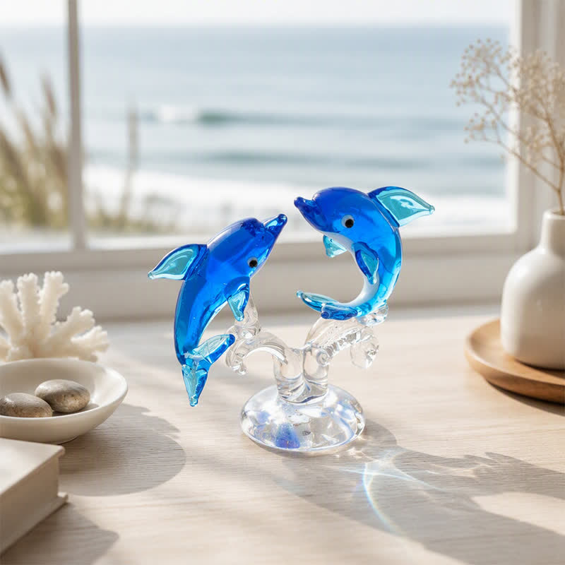 Love & Harmony Twin Souls Glass Sculpture - Hand-Blown Blue Dolphin Couple Figurine - Style #2 - image 1