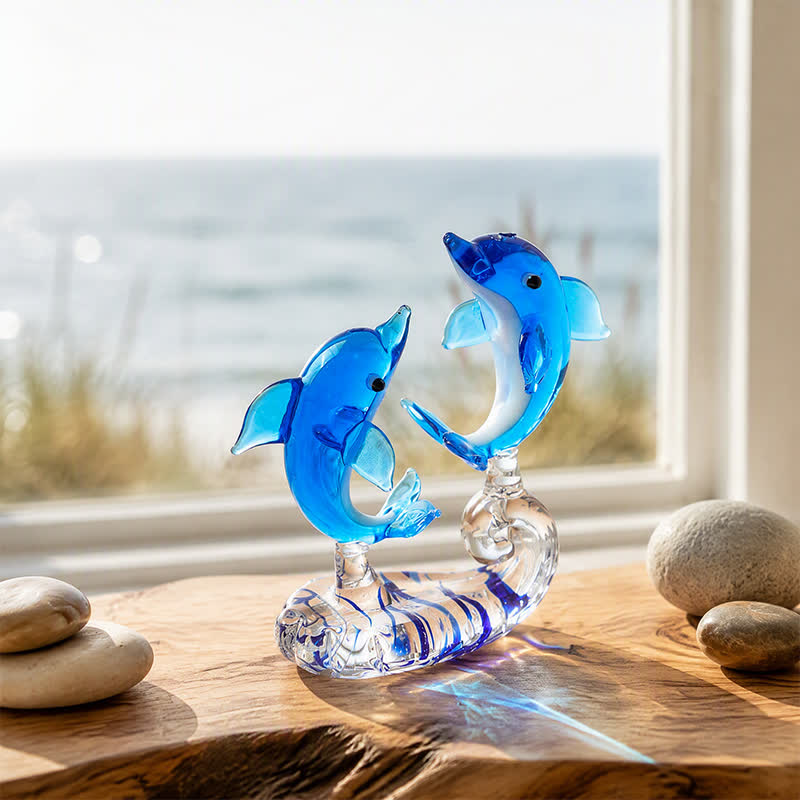 Love & Harmony Twin Souls Glass Sculpture - Hand-Blown Blue Dolphin Couple Figurine - Style #1 - image 0
