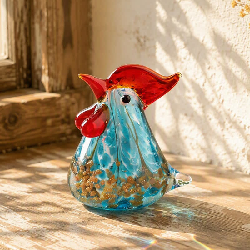 The Sunrise Cock Glass Sculpture - Hand-blown Glass Chicken Figurines Collection - Teal - image 0
