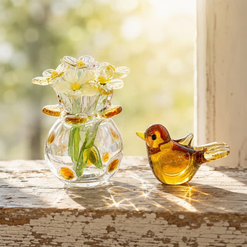 Forever Spring 2Pcs Bird & Glass Flower Vase Set - Hand Blown Glass Home Decor For Bird Lovers - Tan - image 6
