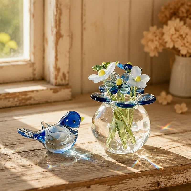 Forever Spring 2Pcs Bird & Glass Flower Vase Set - Hand Blown Glass Home Decor For Bird Lovers - Blue - image 0