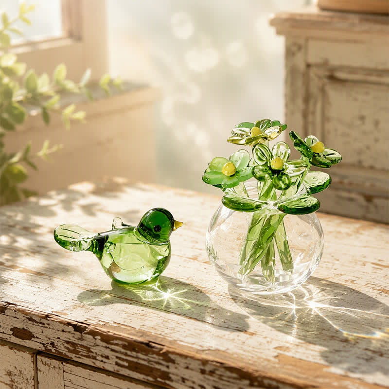Forever Spring 2Pcs Bird & Glass Flower Vase Set - Hand Blown Glass Home Decor For Bird Lovers - image 3