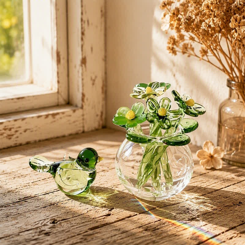 Forever Spring 2Pcs Bird & Glass Flower Vase Set - Hand Blown Glass Home Decor For Bird Lovers - Green - image 2