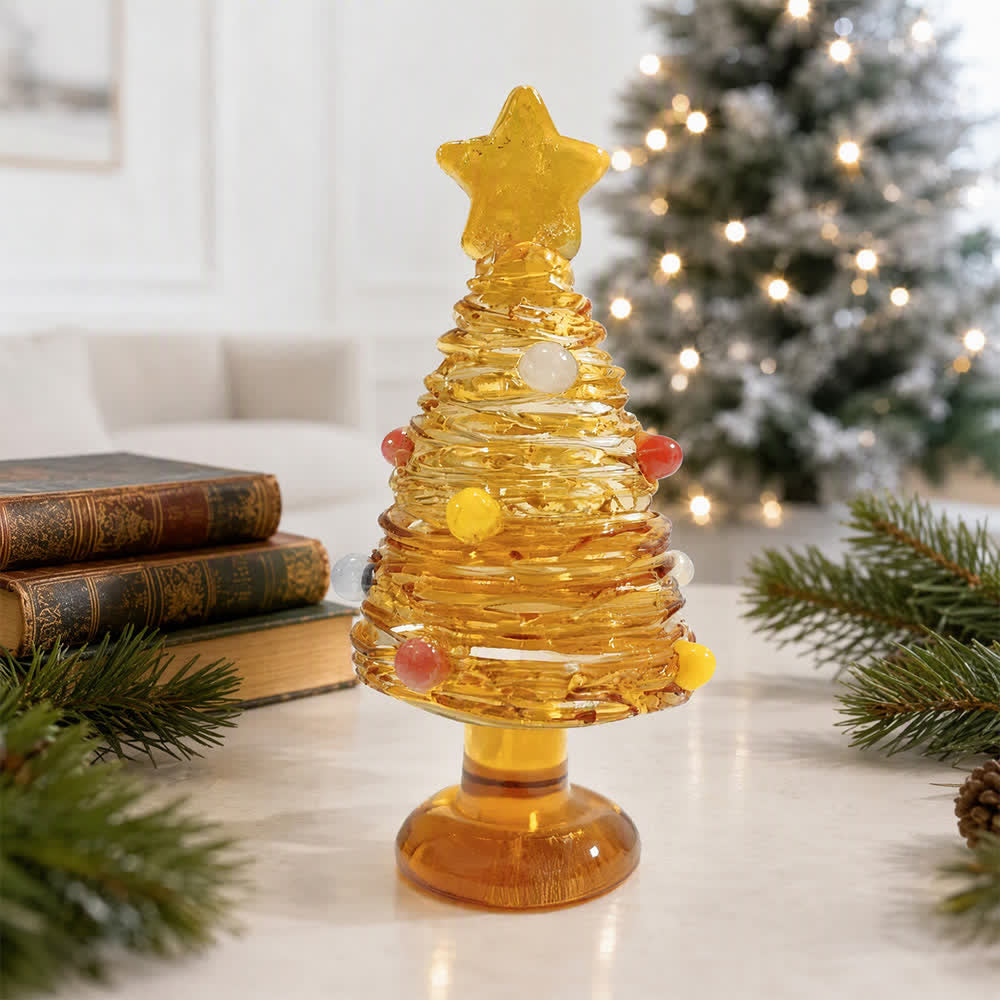 Mini Glass Christmas Tree Figurine - Handblown Spiral Tree With Star Top - Yellow & Tan - L - image 9