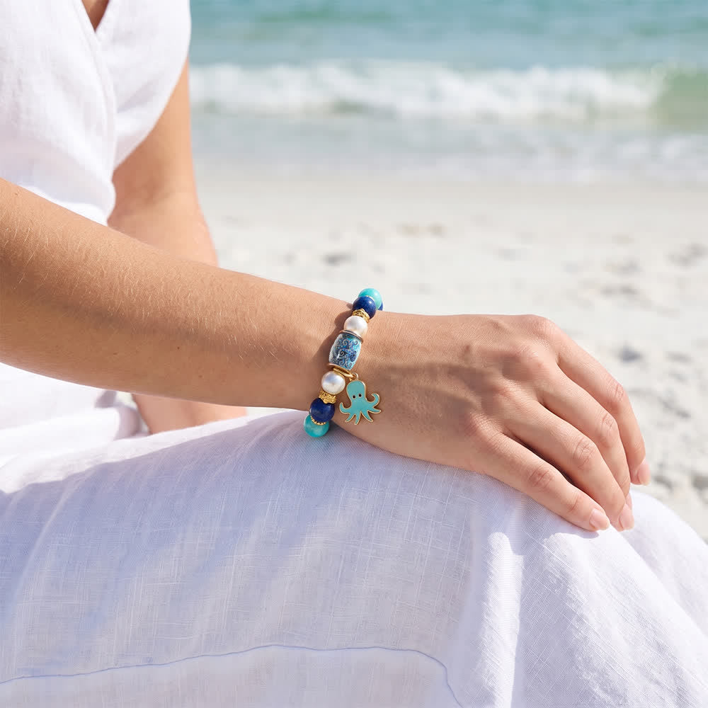 FREE Today: Cute Octopus Blue Stone Beaded Bracelet - Bracelet With Gold Spacers And Aqua Octopus Charm - image 4