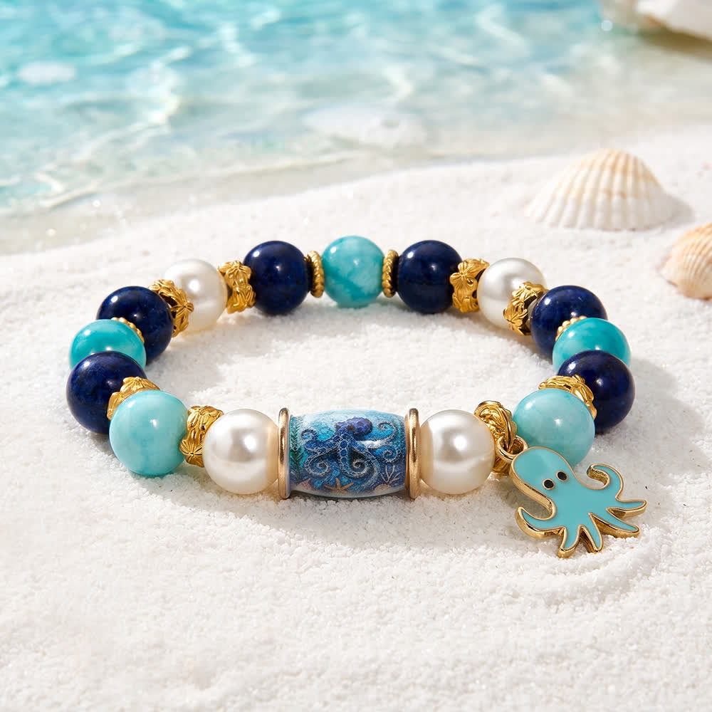 FREE Today: Cute Octopus Blue Stone Beaded Bracelet - Bracelet With Gold Spacers And Aqua Octopus Charm - Octopus - 6.3" / 16cm (Stretchable) - image 0