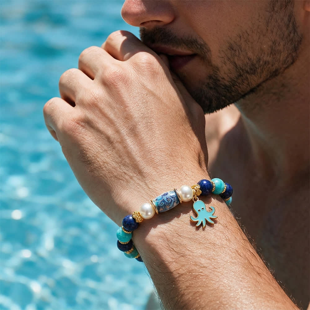 FREE Today: Cute Octopus Blue Stone Beaded Bracelet - Bracelet With Gold Spacers And Aqua Octopus Charm - image 1