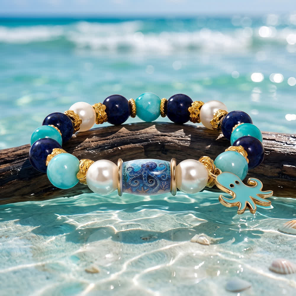 FREE Today: Cute Octopus Blue Stone Beaded Bracelet - Bracelet With Gold Spacers And Aqua Octopus Charm - image 5