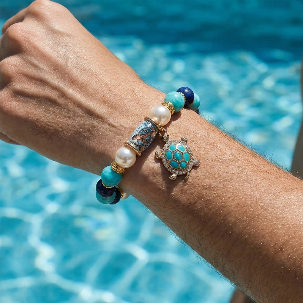 FREE Today: Save The Sea Turtles Bracelet - Ocean Blue Beaded Bracelet With Jeweled Sea Turtle Charm - image 1