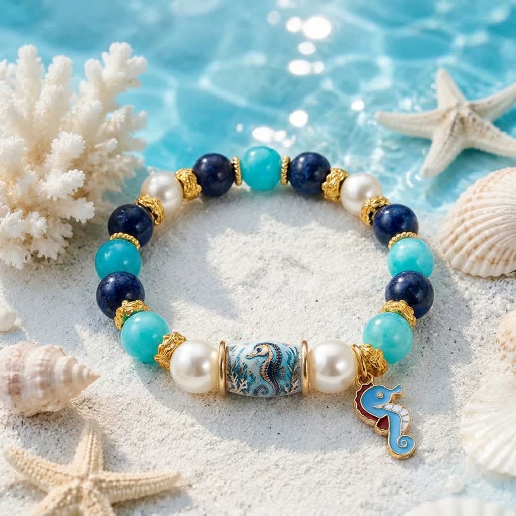 FREE Today: Blue Seahorse Charm Bracelet - Ocean Conservation Turquoise Pearl Lapis Beaded Bracelet - Seahorse - 6.3" / 16cm (Stretchable) - image 0
