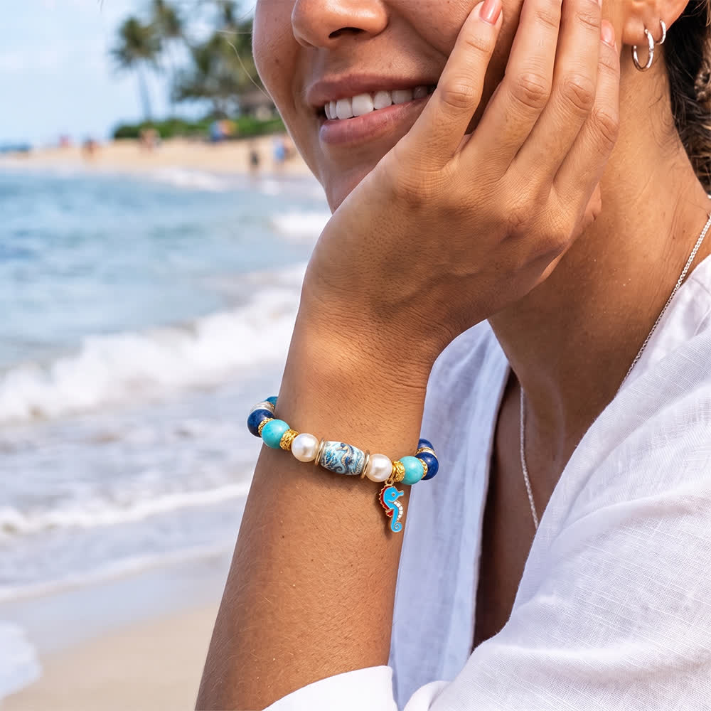 FREE Today: Blue Seahorse Charm Bracelet - Ocean Conservation Turquoise Pearl Lapis Beaded Bracelet - image 1