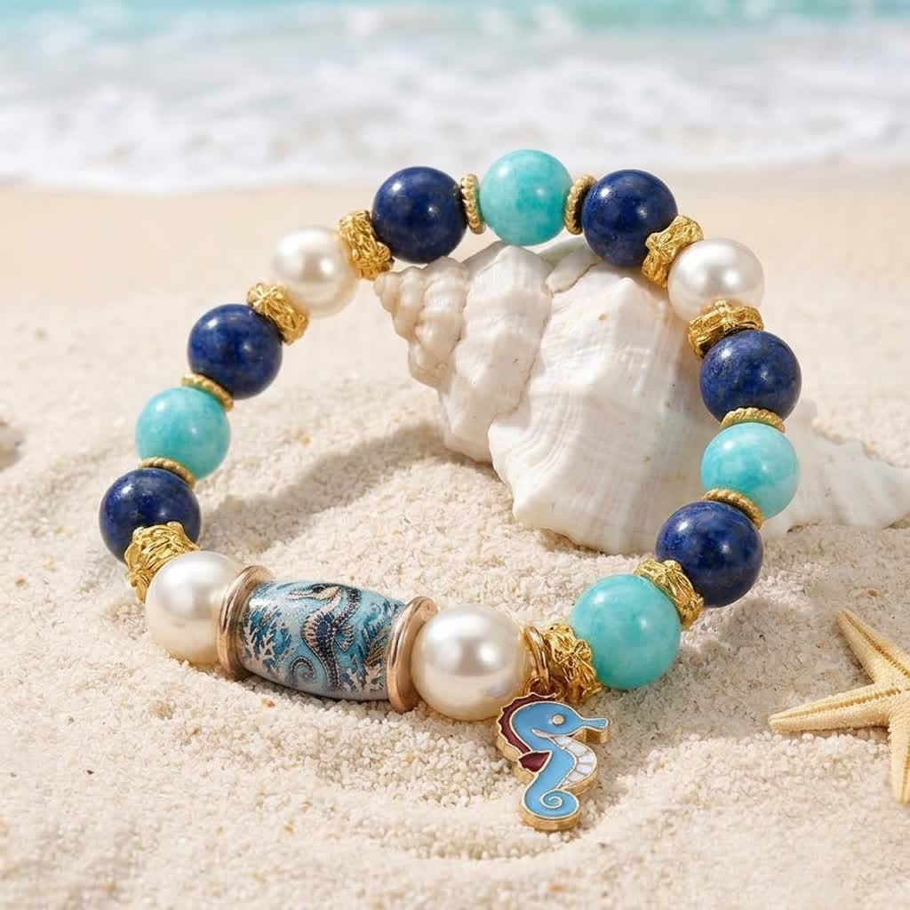 FREE Today: Blue Seahorse Charm Bracelet - Ocean Conservation Turquoise Pearl Lapis Beaded Bracelet - image 4
