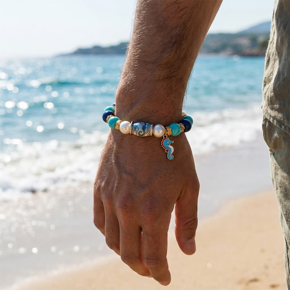 FREE Today: Blue Seahorse Charm Bracelet - Ocean Conservation Turquoise Pearl Lapis Beaded Bracelet - image 5
