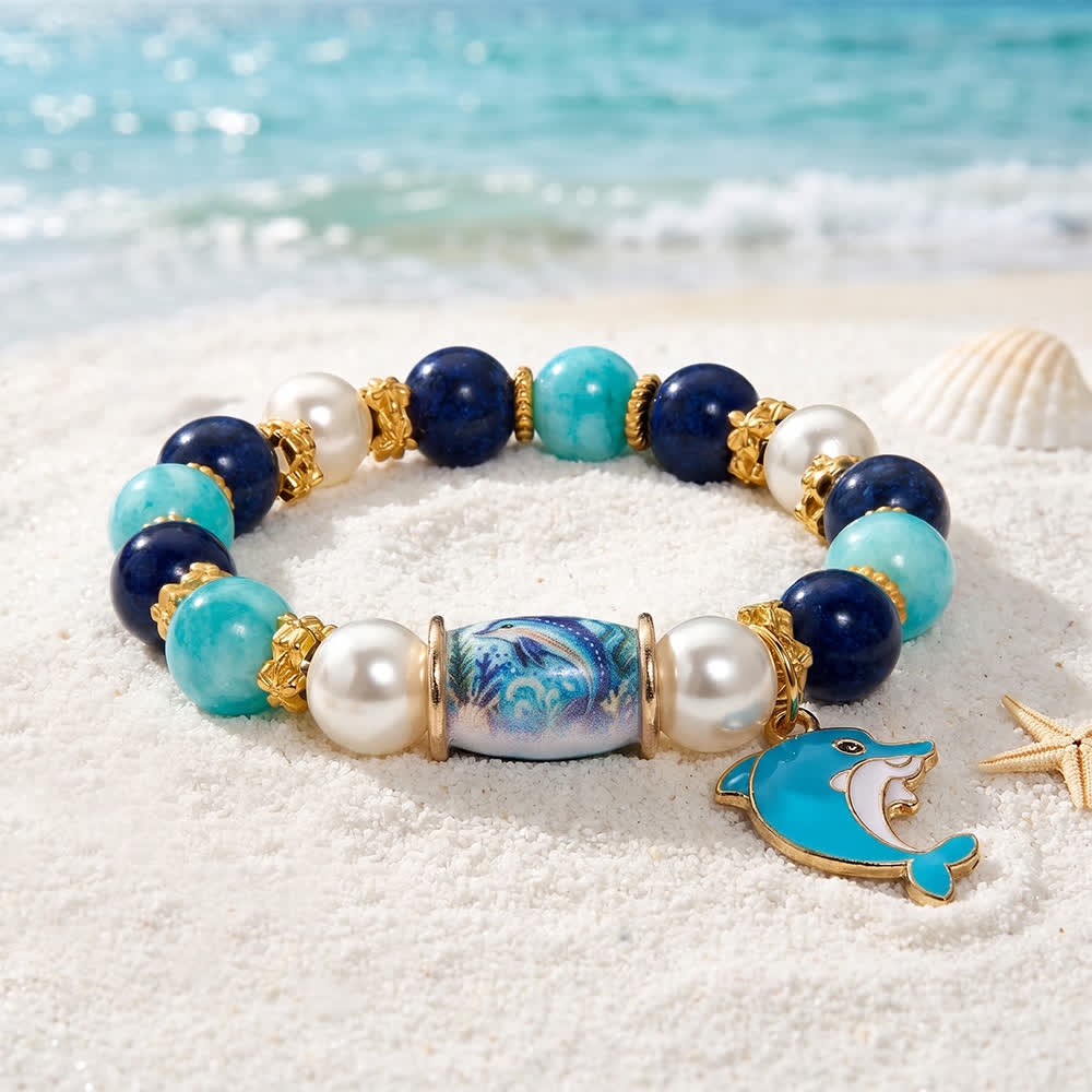 FREE Today: Save The Dolphin Family Stretch Bracelet - Ocean Blue Beaded Bracelet With Dolphin Charm - image 5