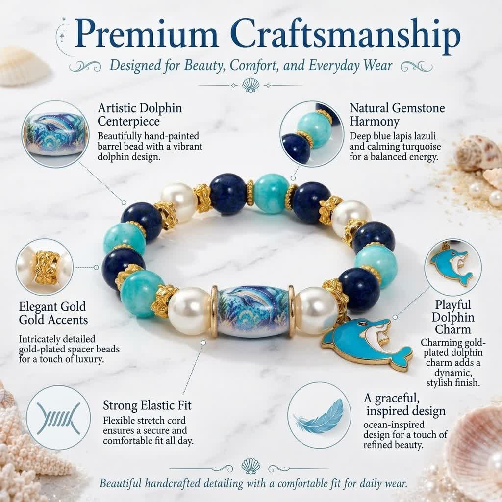 FREE Today: Save The Dolphin Family Stretch Bracelet - Ocean Blue Beaded Bracelet With Dolphin Charm - image 6