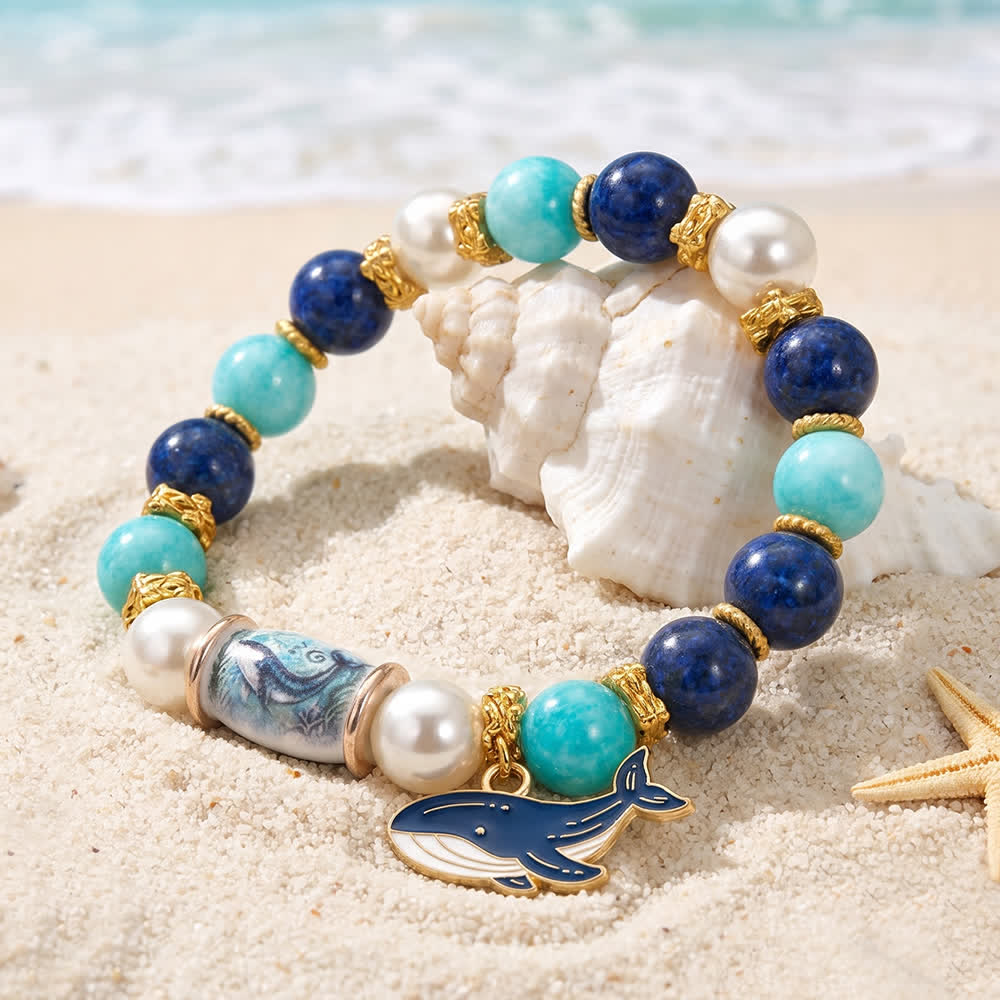FREE Today: Save The Whales Ocean Themed Bracelet - Blue Beaded Elastic Bracelet With Whale Pendant - Whale - 6.3" / 16cm (Stretchable) - image 0
