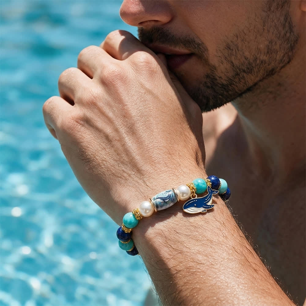 FREE Today: Save The Whales Ocean Themed Bracelet - Blue Beaded Elastic Bracelet With Whale Pendant - image 1