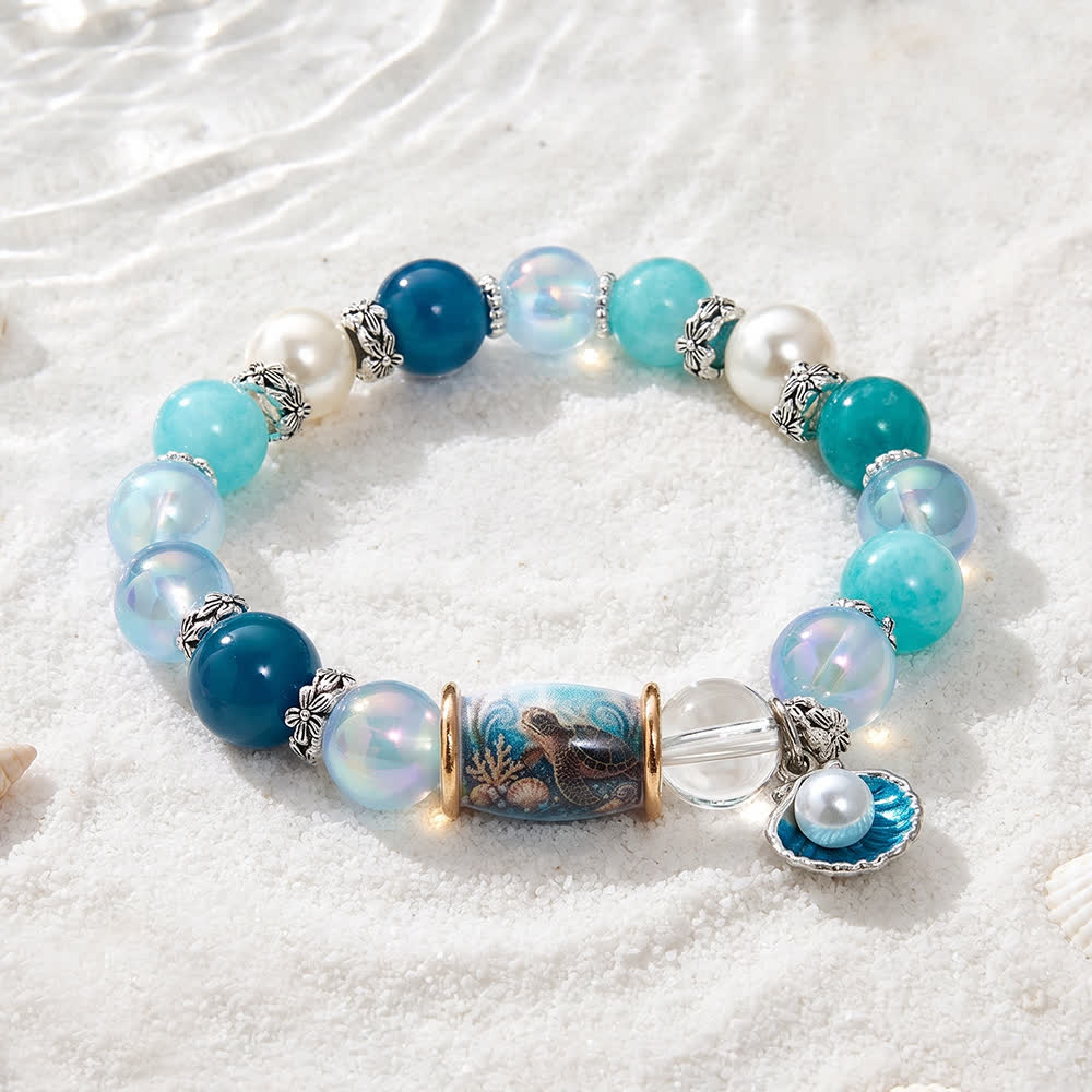 FREE Today: Mermaid Turtle Beaded Bracelet With Pearl Shell - Ocean Themed Protect The Turtles Jewelry - Turtle & Shell - 6.3" / 16cm (Stretchable) - image 0