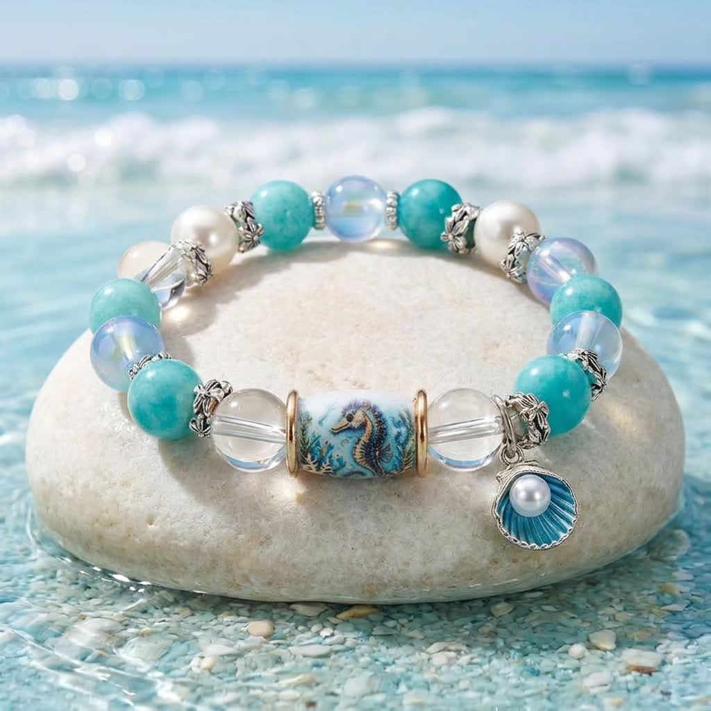 FREE Today: Ocean Themed Protect Seahorses Bracelet - Seahorse Beaded Bracelet With Shell Charm - Seahorse & Shell - 6.3" / 16cm (Stretchable) - image 0