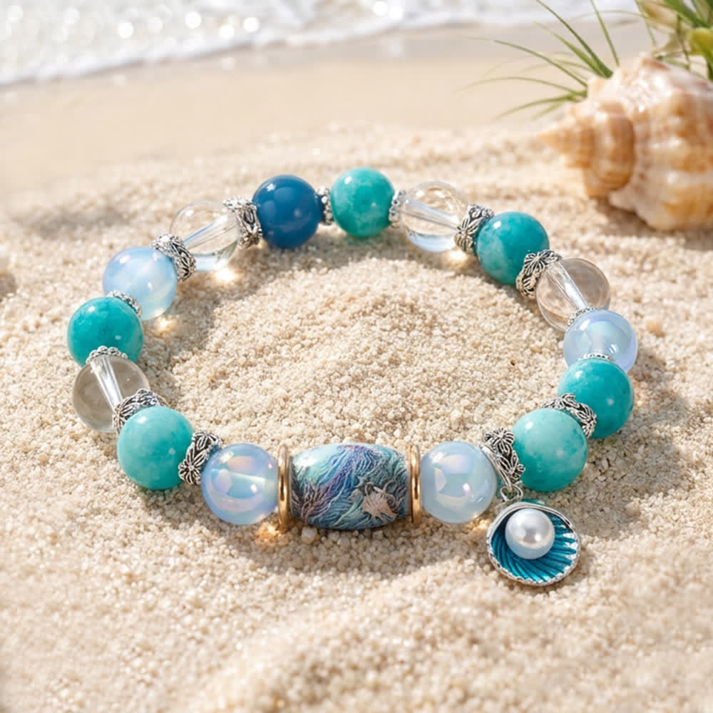 FREE Today: Marine Conservation Jellyfish Bracelet - Coastal Beaded Bracelet With Shell Charm - Jellyfish & Shell - 6.3" / 16cm (Stretchable) - image 0